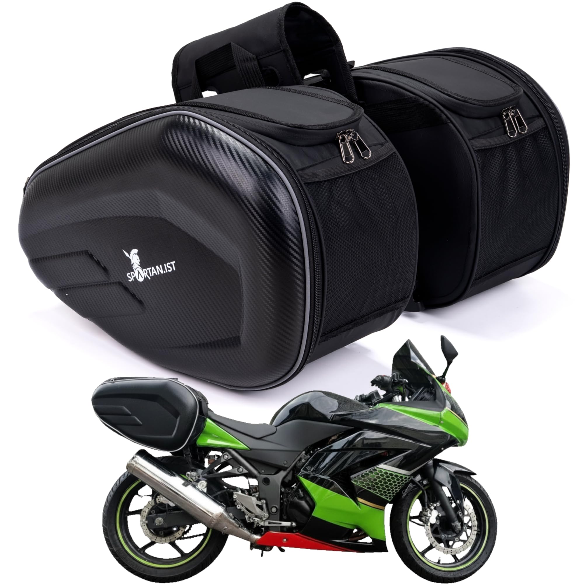 Spartan.ist Premium hard-shell saddlebag pair, one mounted on a green sport bike