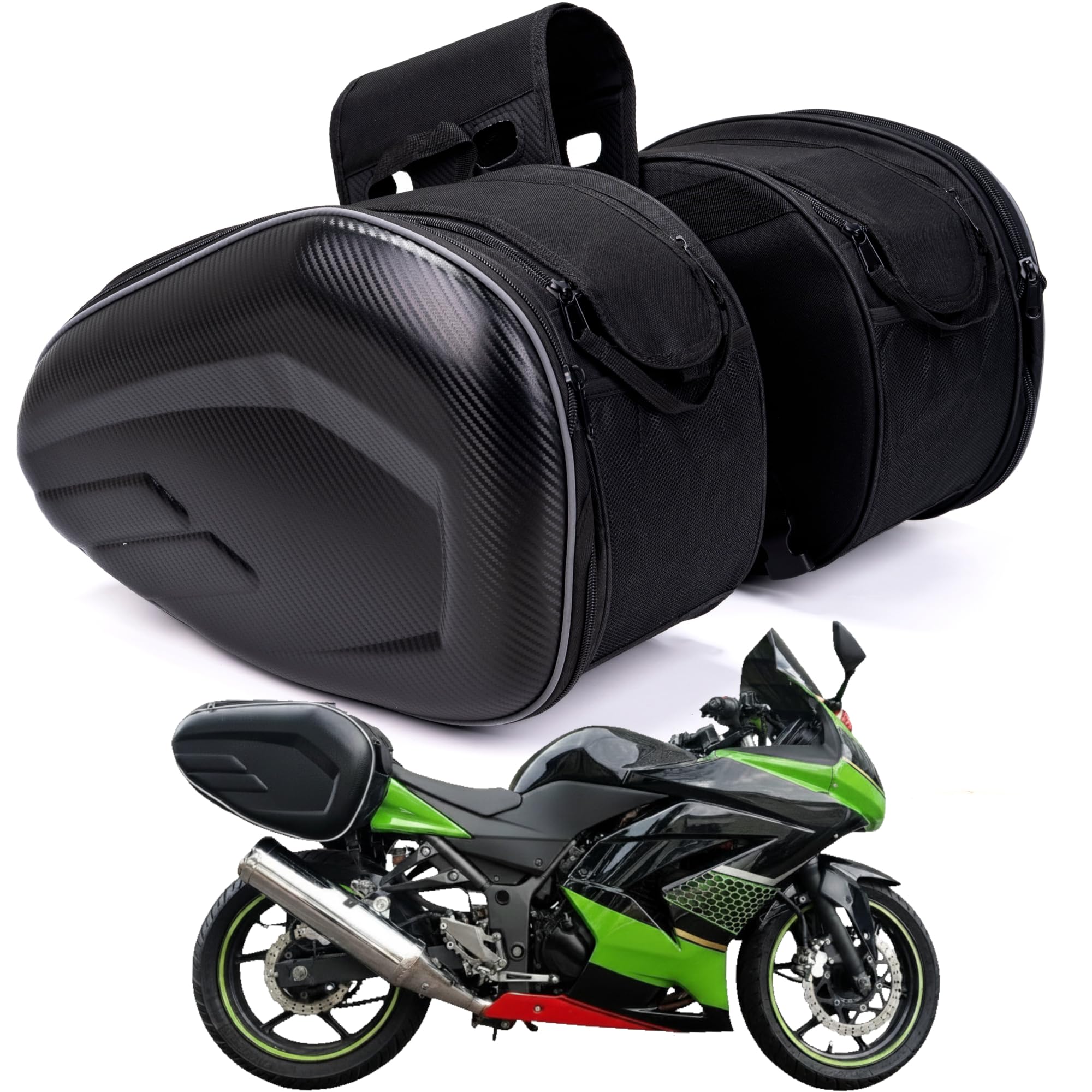 Carbon-effect Spartan.ist soft pannier pair with joining straps on a green motorcycle